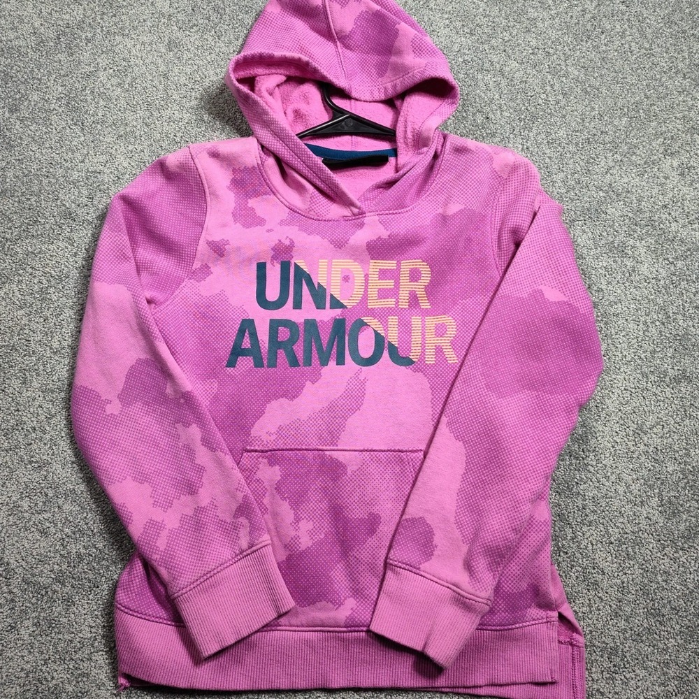 Under Armour Youth ColdGear Hoodie Size M Pink Camo Loose Fit Pullover